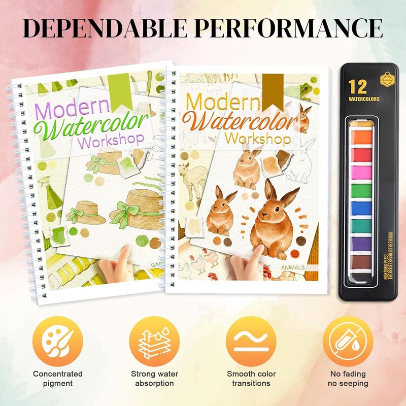 apolyone Watercolor Workbooks- 2 Pack Beginner Workbooks with 24 Coloring Book Pages - 12 Color blocks and a Brush - Watercolor Paper 300gsm/140lb - Gift for Women, Adults, Beginners (Garden & Animals) - Image 4